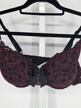 No. 18 by Etam Womens Sz 36D Sexy Bra Dark Purple Black Lace Front Bow